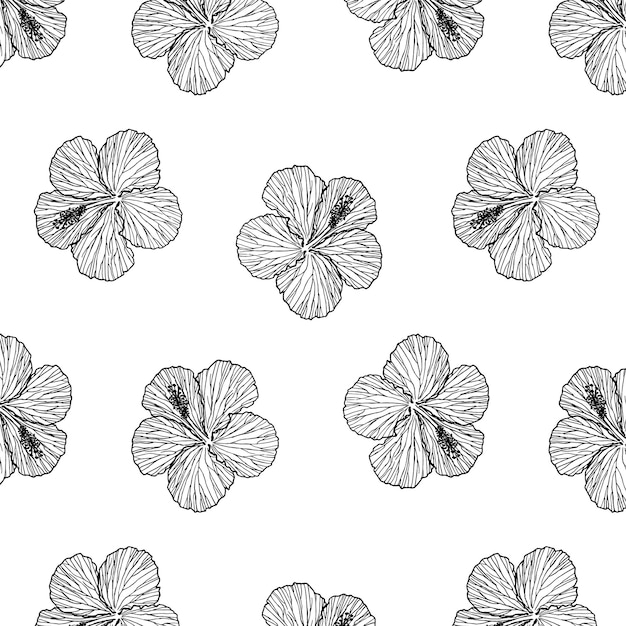 ハイビスカスの花と手描きのシームレスなパターンの背景
