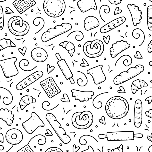 Vector hand drawn seamless pattern of bakery elements, bread, pastry, croissant, cake, donut. doodle sketch style.