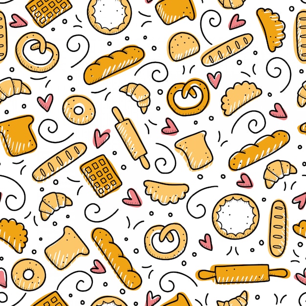 Hand drawn seamless pattern of bakery elements. Doodle style.