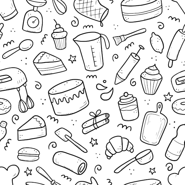 Hand drawn seamless pattern of baking and cooking tools, mixer, cake, spoon, cupcake, scale. Doodle sketch style. Illustration for textile, background, wallpaper design.