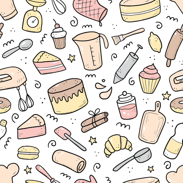 Hand drawn seamless pattern of baking and cooking tools