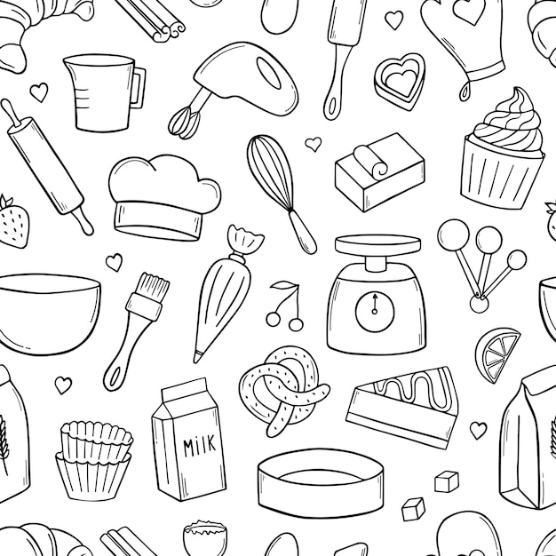Hand drawn seamless pattern of baking doodle