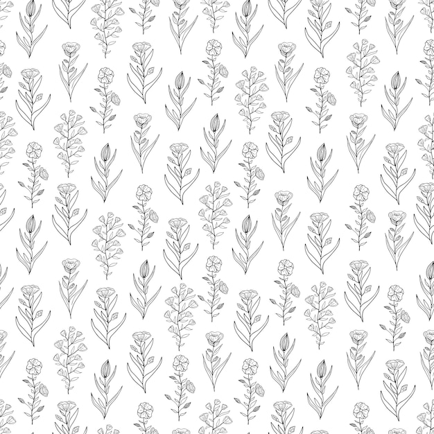 Hand drawn seamless pattern of blooming flowers and leaves Floral summer collection Decorative doodle illustration for greeting card wallpaper wrapping paper fabric packaging