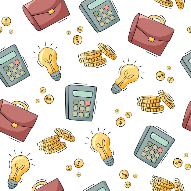 Hand drawn seamless pattern of business and finance elements illustration