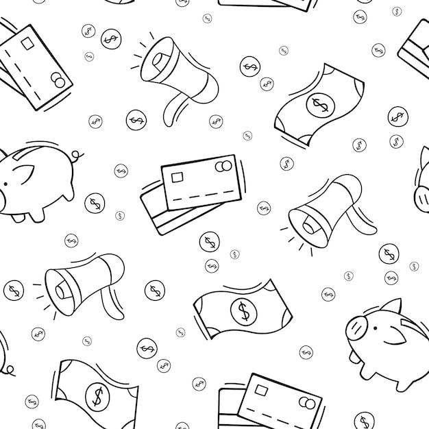 Hand drawn seamless pattern of business and finance elements