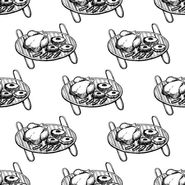 Hand drawn seamless pattern of chicken steaks and sausages on the grill