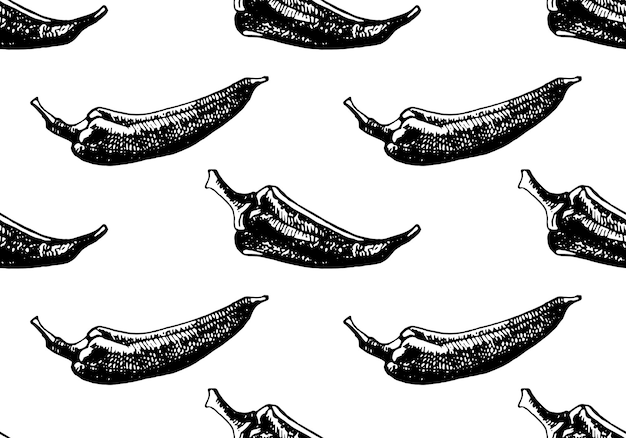 Hand drawn seamless pattern of chilli peppers