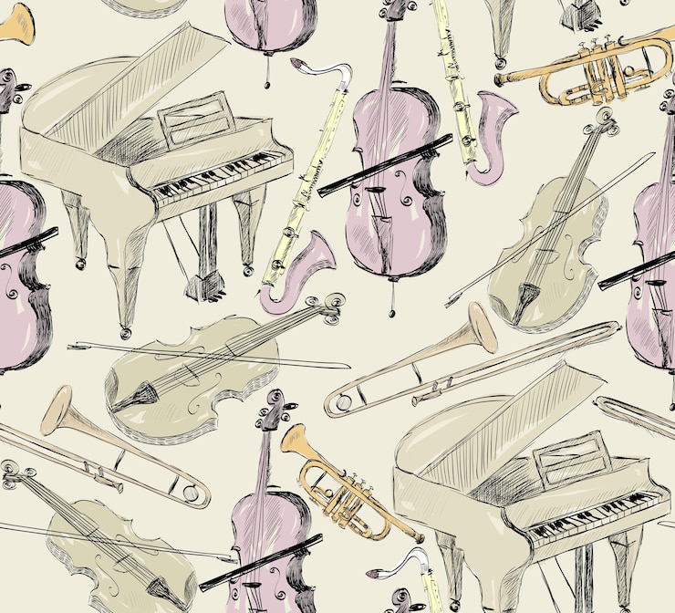 Vector hand drawn seamless pattern of classical musical instruments