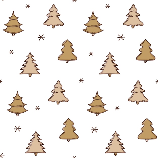 Hand drawn seamless pattern of colorful christmas trees snowflakes and decorations on white background Doodle cartoon style Happy New Year Boho color