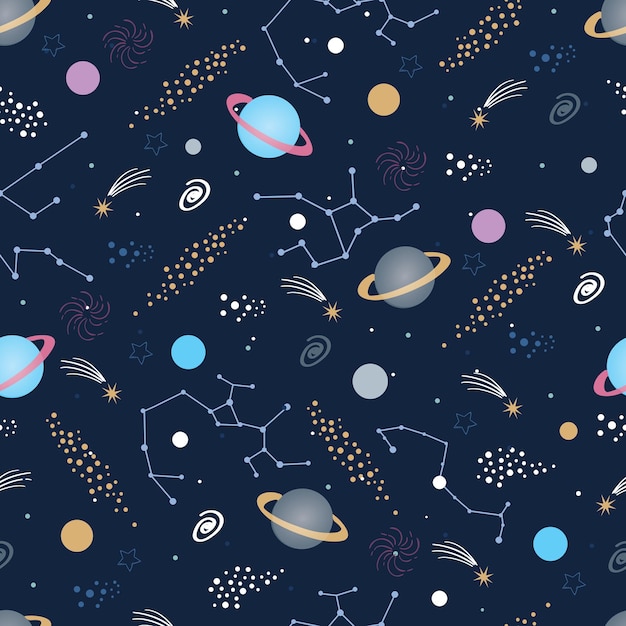 Vector hand drawn seamless pattern constellations planet and star sky zodiac signs vector illustration