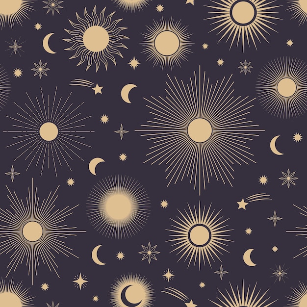 Hand drawn seamless pattern of different sun moon sunburst stars celestial space vector magic space galaxy sketch illustration for greeting card invitation wallpaper wrapping paper