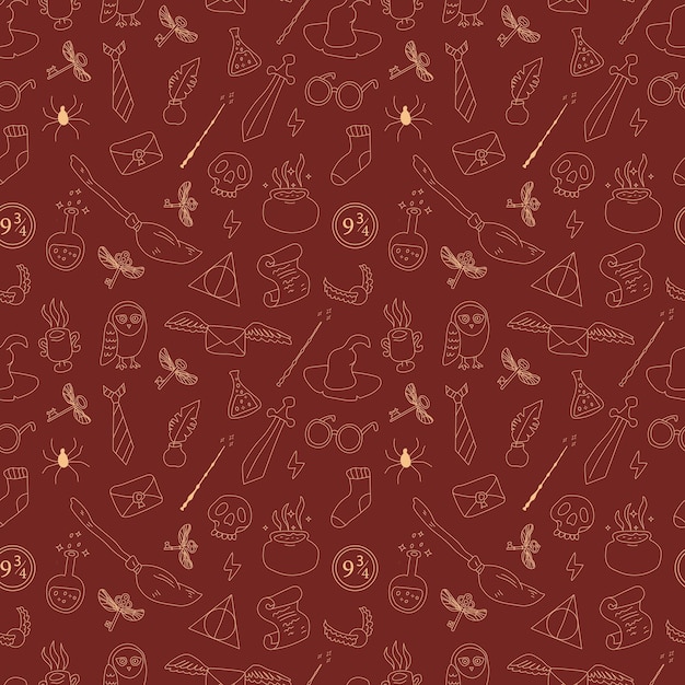 Hand drawn seamless pattern doodle magic. Vector background red