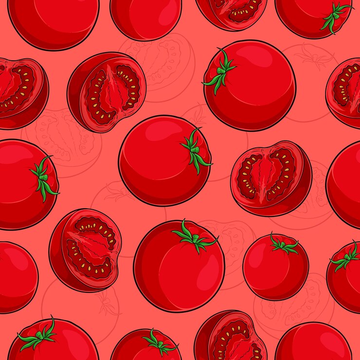 Vector hand drawn seamless pattern of full and half sliced fresh healthy red tomatoes with green leaf