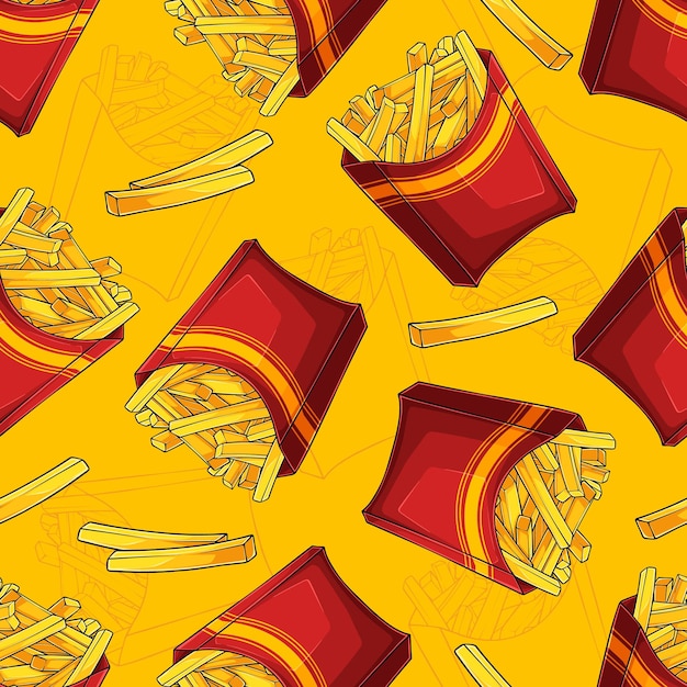 hand drawn seamless pattern of hand drawn red boxes full with yellow unhealthy crispy french fries