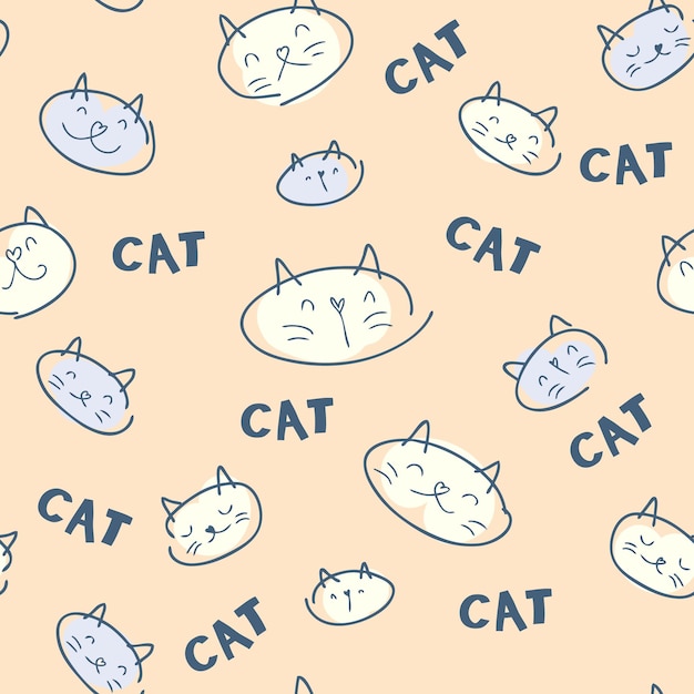 Hand drawn seamless pattern of kitten faces and text CAT Perfect for Tshirt textile and print