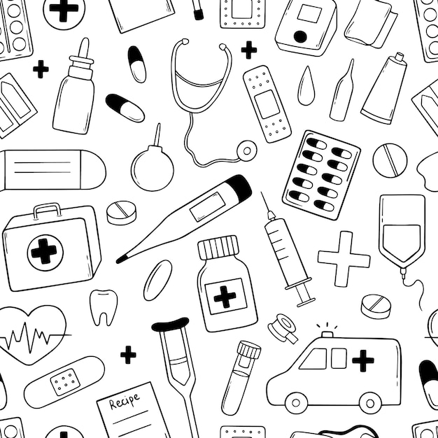 Hand drawn seamless pattern of medicine doodles
