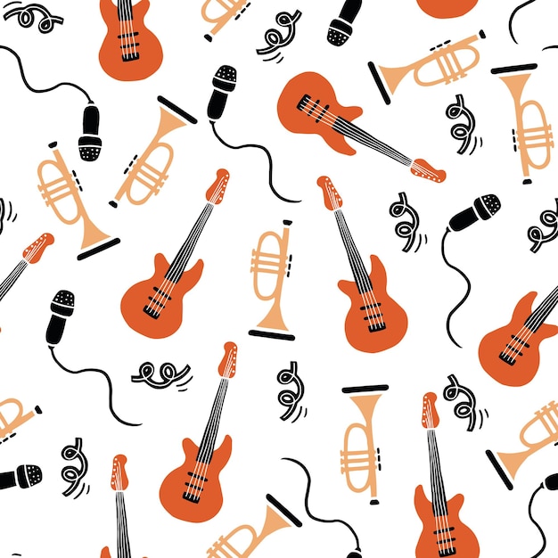 Vector hand drawn seamless pattern of musical instrument. flat sketch style.