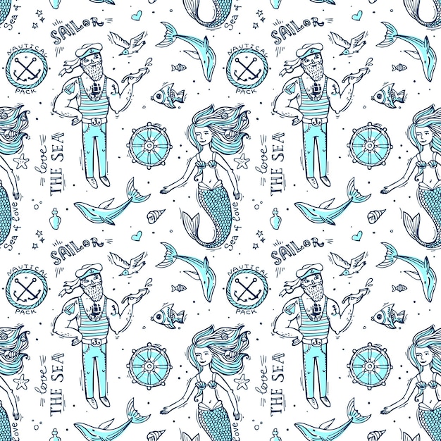 Hand drawn seamless pattern sailor and mermaid Doodle native drawing