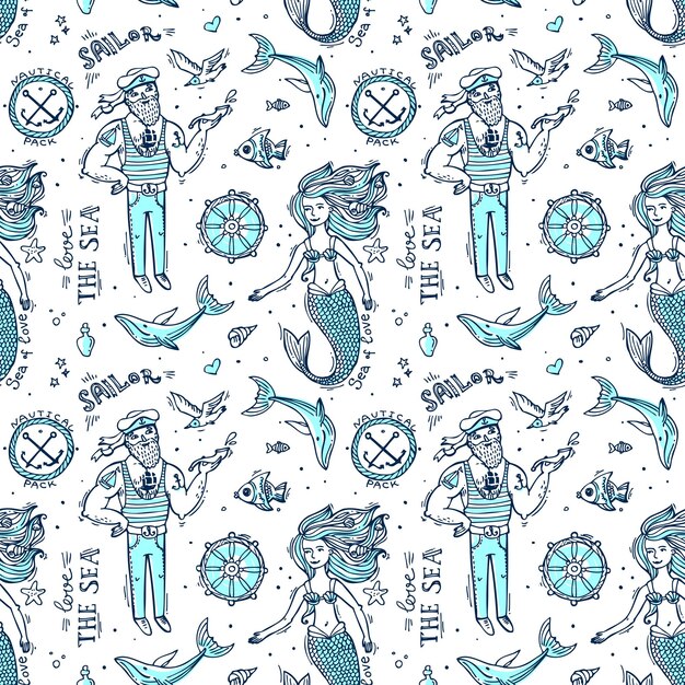 hand drawn seamless pattern sailor and mermaid doodle native drawing