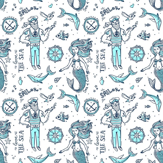 Hand drawn seamless pattern sailor and mermaid Doodle native drawing