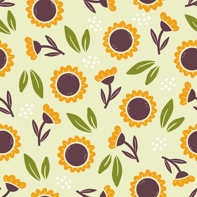 Hand drawn seamless pattern of simple sunflowers