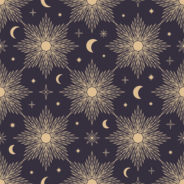 Hand drawn seamless pattern of Sun Moon sunburst stars Mystical celestial bursting sun rays vector Magic space galaxy sketch illustration for greeting card wallpaper wrapping paper fabric