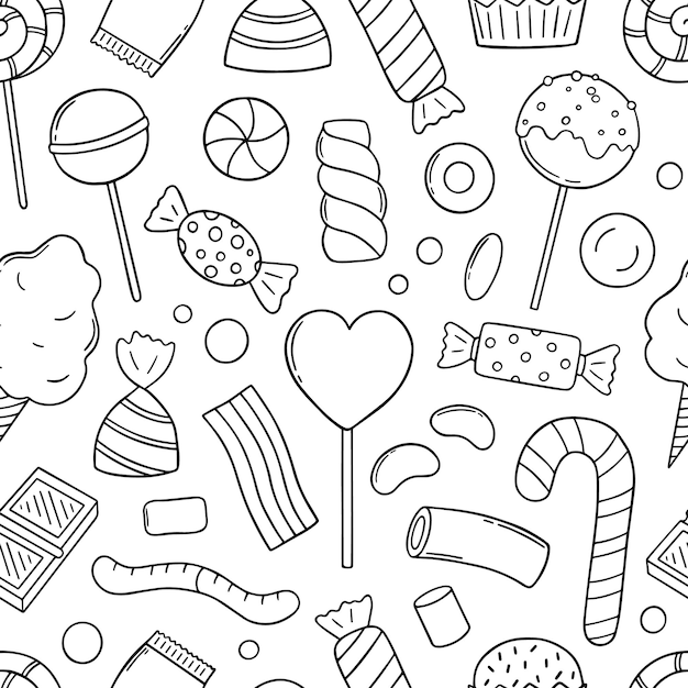 Hand drawn seamless pattern of sweets and candies doodle Lollipop caramel chocolate marshmallow in sketch style