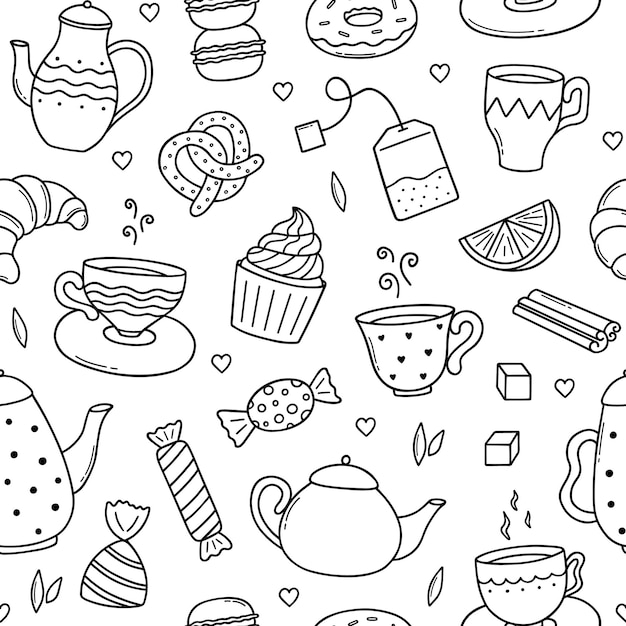 Hand drawn seamless pattern of Tea time doodle Teapots cups lemon and sweets in sketch style