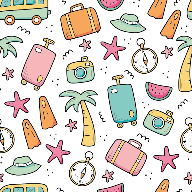 Hand drawn seamless pattern of travel summer vacation elements