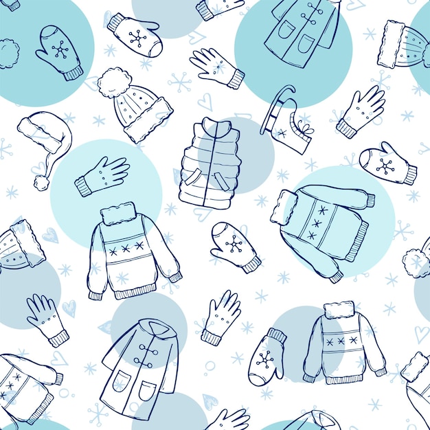 Hand drawn seamless pattern of winter clothes and accessory: hat, scarf, coat, mitten, shoes, sweater. sketch style doodle for children, christmas wallpaper, background. isolated vector illustration.