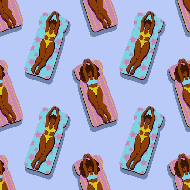Vector a hand drawn seamless pattern with africanamerican girls in bikini on pool rafts diversity