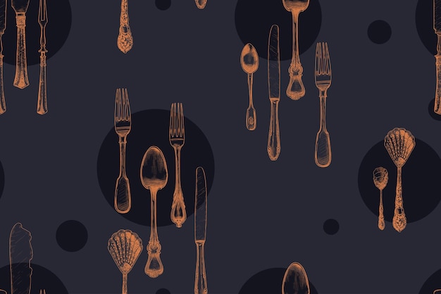 Vector hand drawn seamless pattern with antique cutlery and black circles  vintage serving items