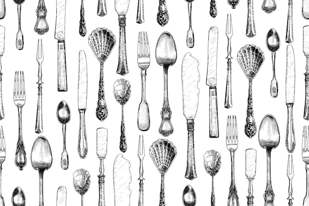 Hand drawn seamless pattern with antique cutlery  Vintage serving items on a white background