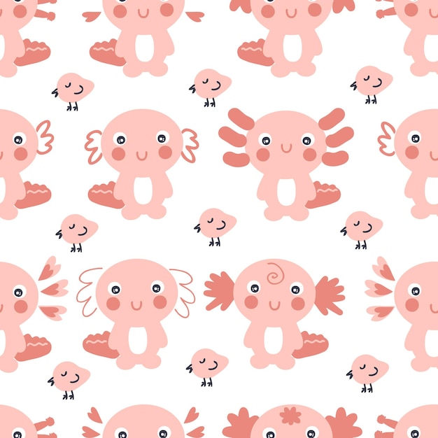 Axolotls와 작은 새가 있는 손으로 그린 원활한 패턴 Tshirt 직물 및 인쇄에 적합합니다. 장식 및 디자인을 위한 만화 스타일 벡터 그림