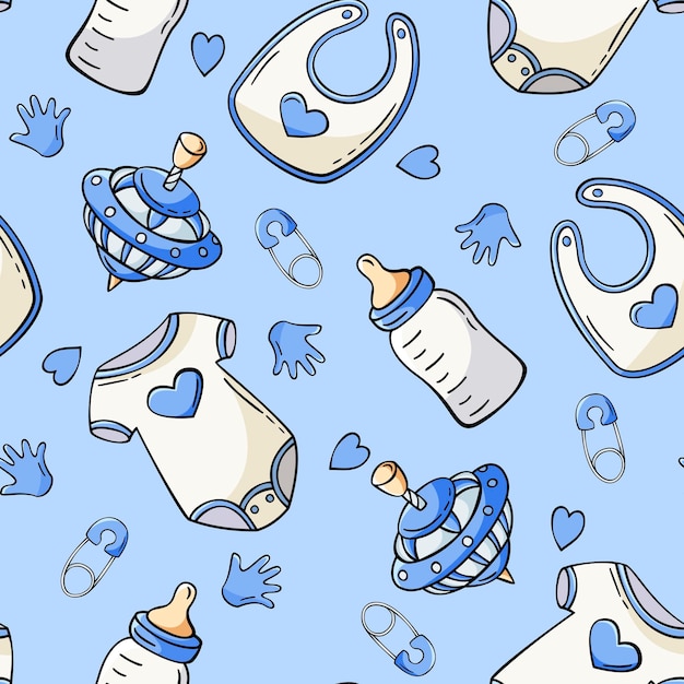 ベクトル 落書きスタイルの赤ちゃんのボディースーツ牛乳瓶ペグトップ安全ピンと手描きのシームレスなパターン
