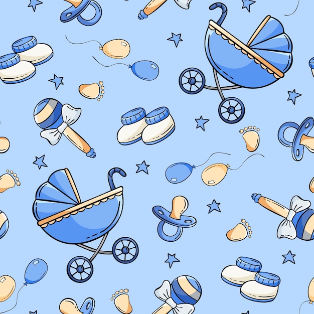 Hand drawn seamless pattern with baby carriage rattle baby bootie baby pacifier in doodle style