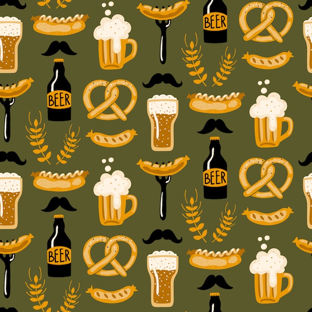 Hand drawn seamless pattern with beer and food.