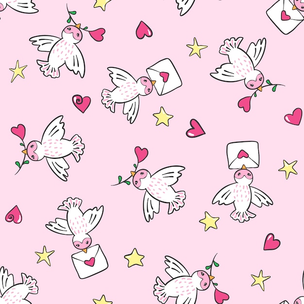 Vector hand drawn seamless pattern with birds and hearts.