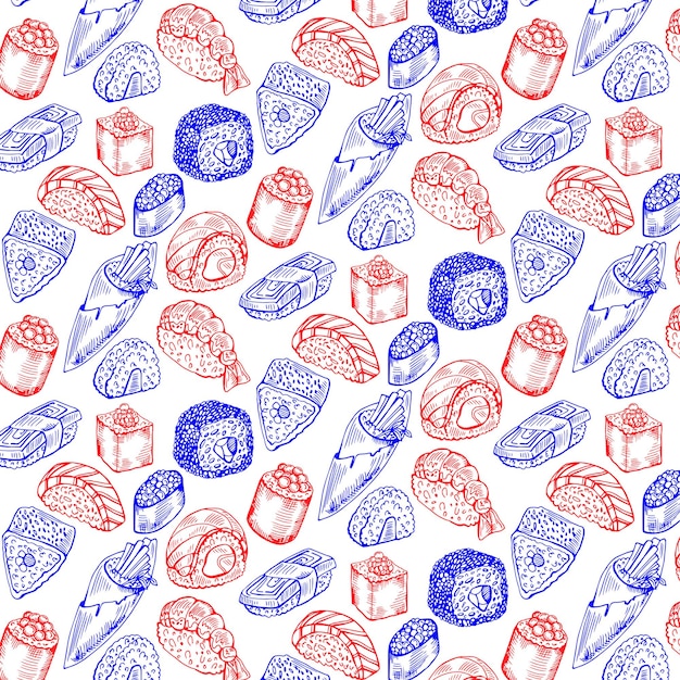 Hand drawn seamless pattern with blue and red sushi drawings