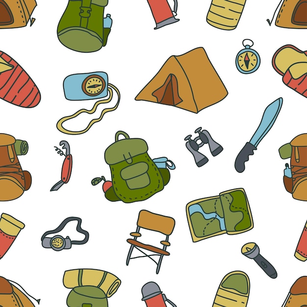 Hand drawn seamless pattern with camping equipment hiking vacation  and trekking travel seamless pattern