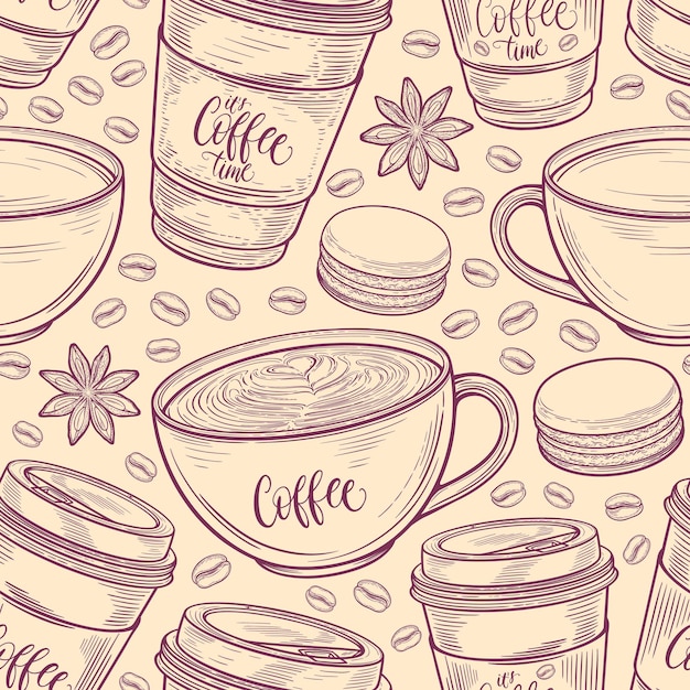 Hand drawn seamless pattern with coffee cups beans mugs macaroons Colorful background