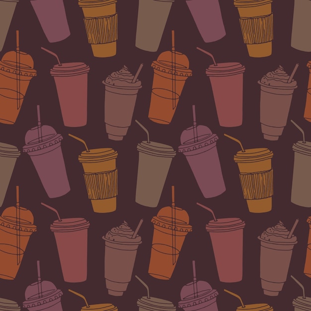 Hand drawn seamless pattern with coffee cups various shapes with drinking straws dark repeatable background