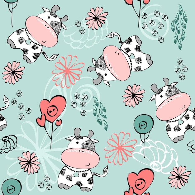 Vector hand drawn seamless pattern with cows