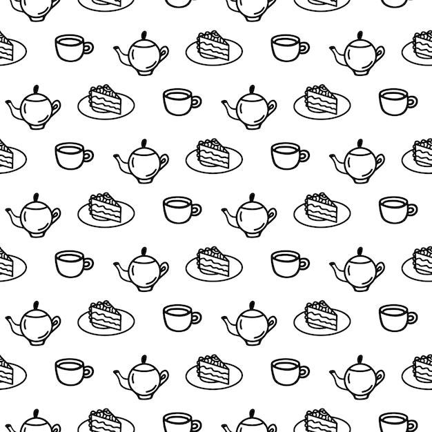 Reticolo senza giunte disegnato a mano con tazza tazza teiera caffettiera torta doodle dolce carta da parati