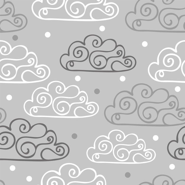 Hand-drawn seamless pattern with cute clouds, stars on a gray background - vector