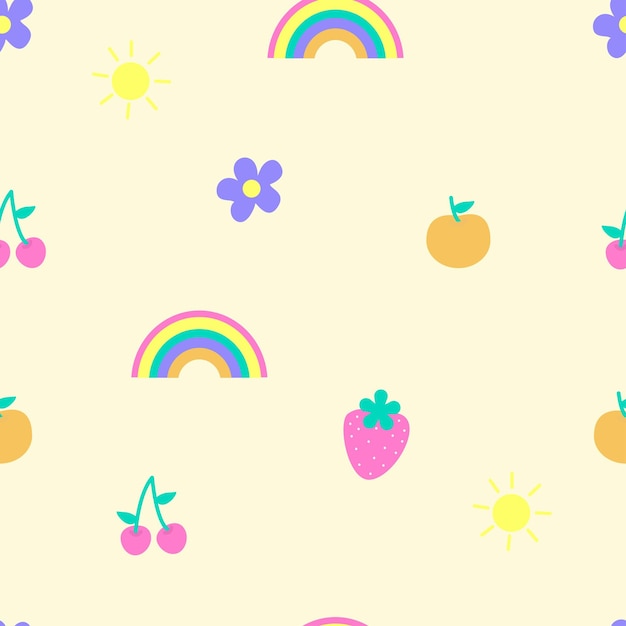 Hand drawn seamless pattern with cute rainbow sun flower orange strawberry and cherry in pastel colors