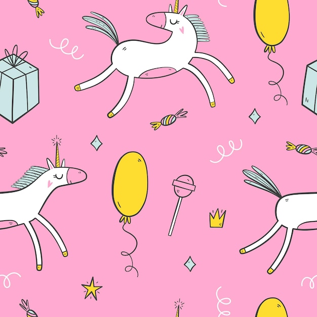 Hand drawn seamless pattern with cute unicorns Birthday Party elements