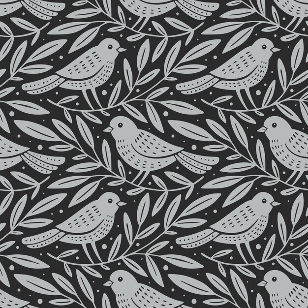 Hand drawn seamless pattern with decorative birds and branches nature floral forest seamless pattern
