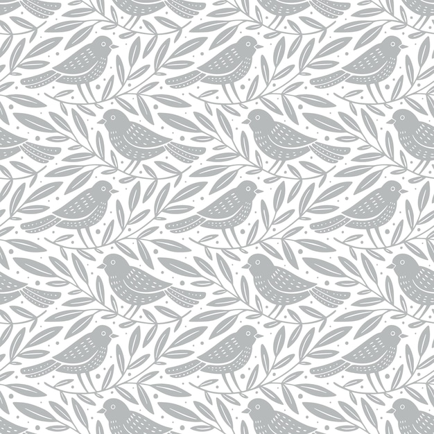 Hand drawn seamless pattern with decorative birds and branches Nature floral forest seamless pattern