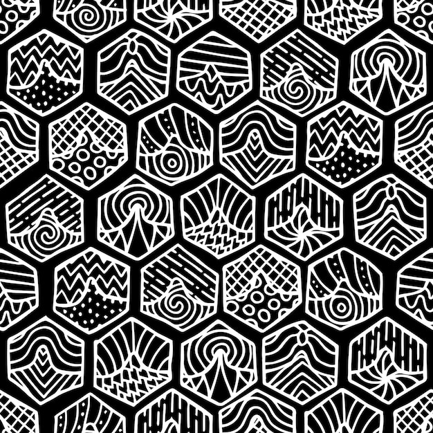 Vector hand drawn seamless pattern with doodle filled hexagons in mosaic order. vector illustration